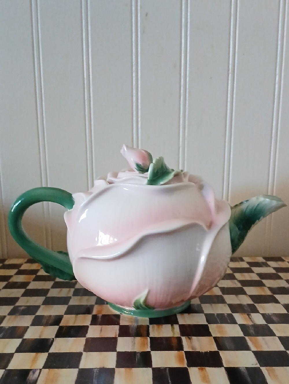 Pier 1 Imports Pink Rose Bud Shaped Flower Teapot Handpainted Flowers Ornate